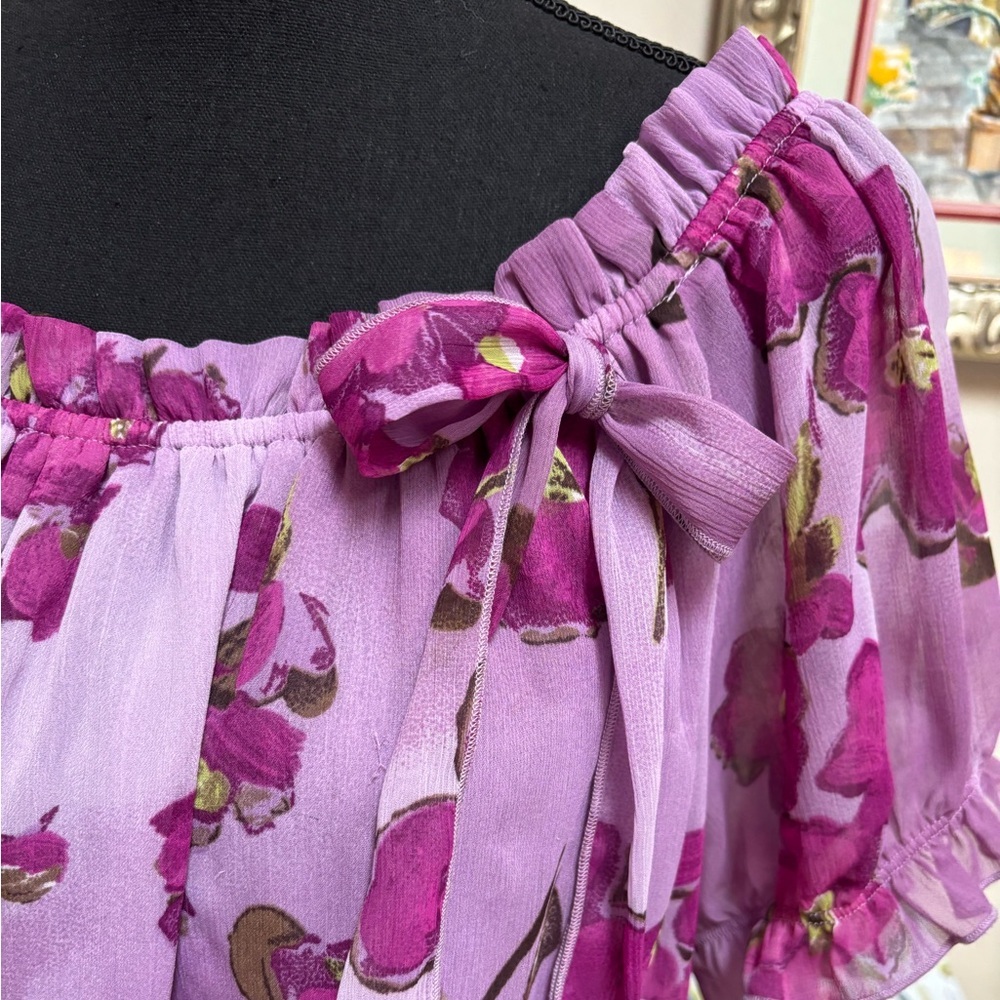APT 9 PURPLE FLORAL PUFF SLEEVE BOW DETAIL BOHO RUFFLE PEASANT BLOUSE SIZE XL - Picture 5 of 10